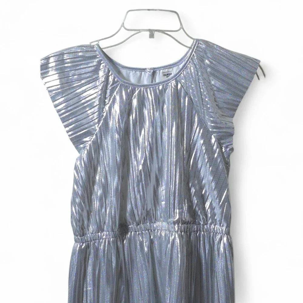 OshKosh B’gosh Silver Metallic Pleated Party Dress Girls 12 Holiday Sparkle